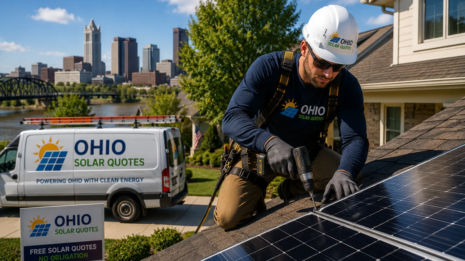 Solar panel installer working on a residential roof in Ohio