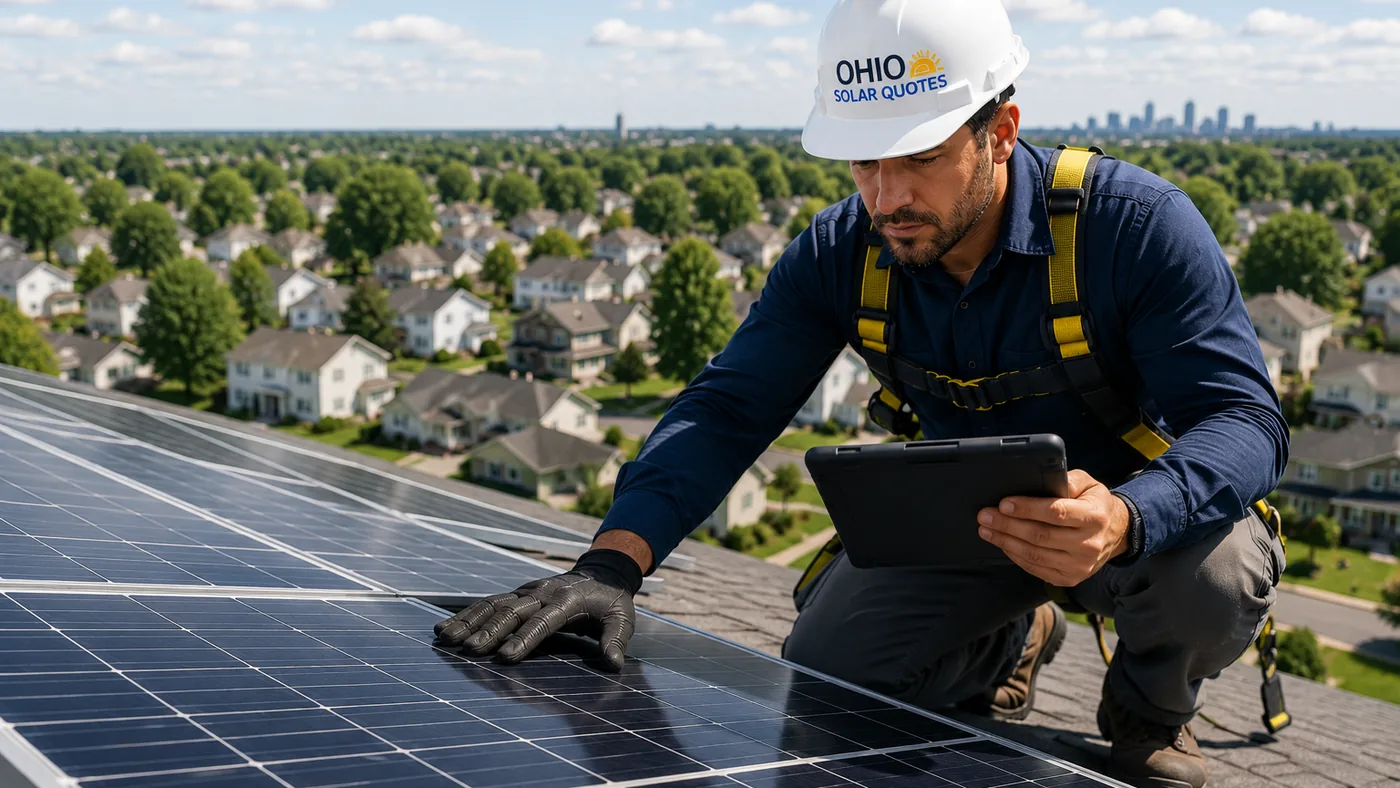 Solar technician inspecting residential solar panels on an Ohio home